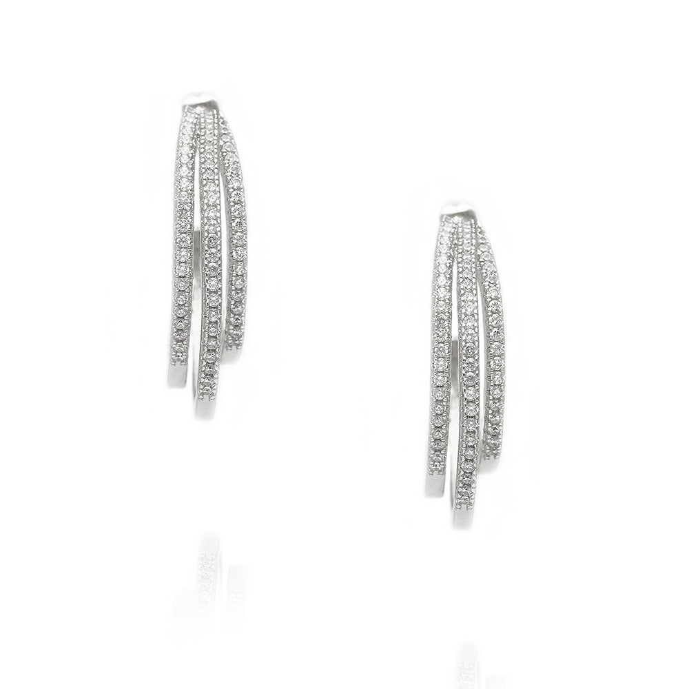 ELEGANT TRIPLE LINES HOOPS EARRINGS | White Rhodium Plated