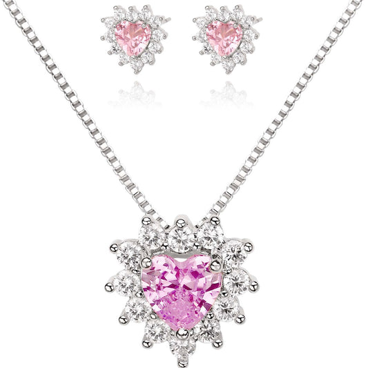 PINK HEART SET | Double White Rhodium Plated