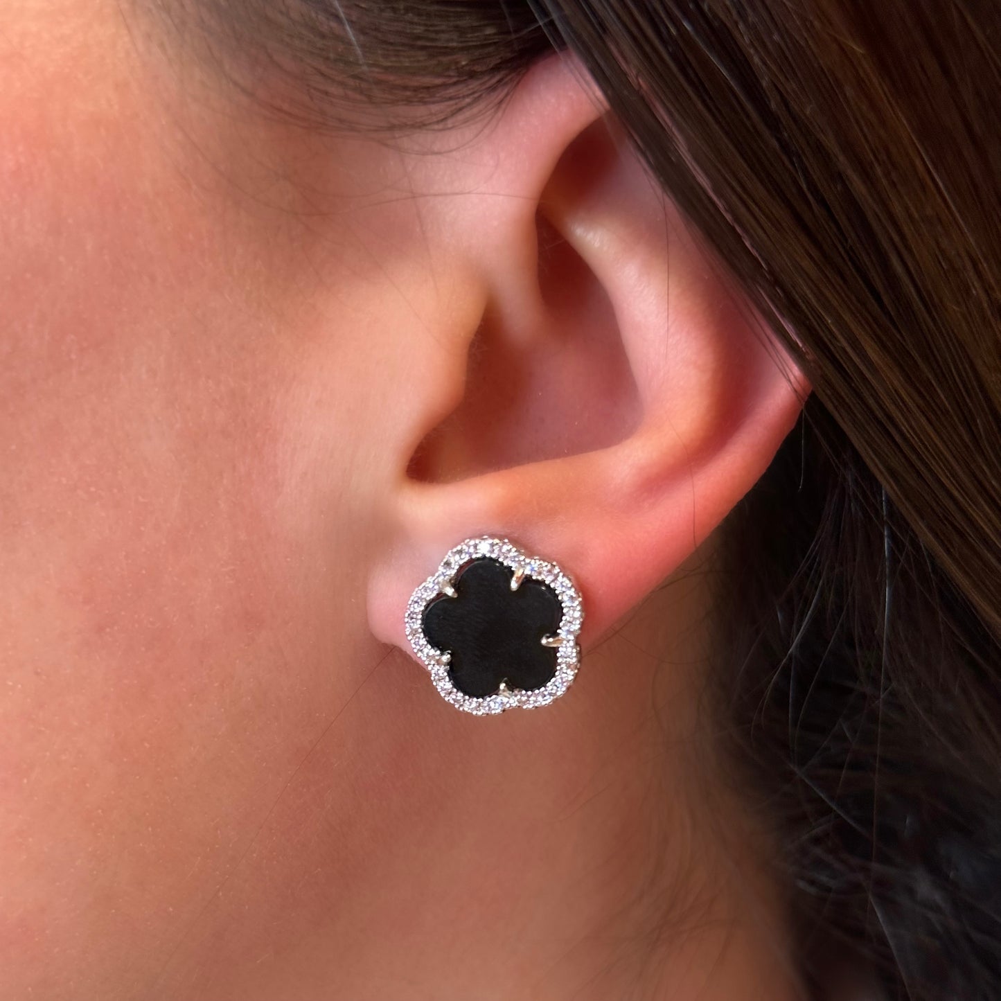 PARIS AGATE FLOWER EARRINGS | White Rhodium Plated